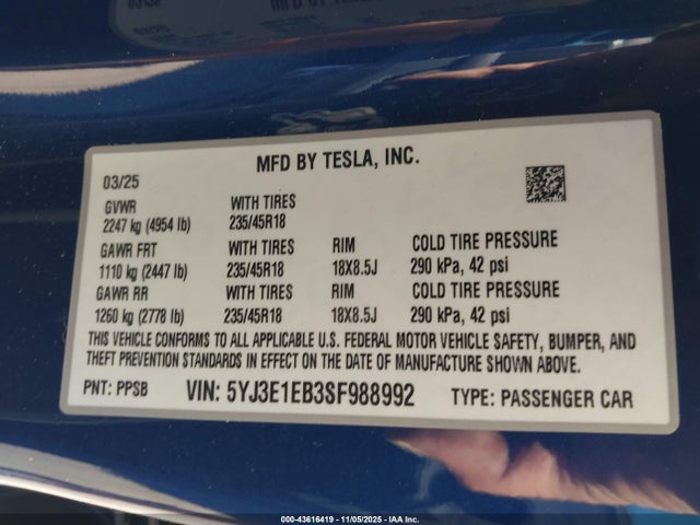 2025 TESLA MODEL 3 5YJ3E1EB3SF988992 Photo 8