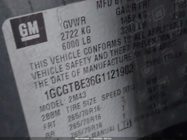 1GCGTBE36G1121902 Chevrolet Colorado Wt