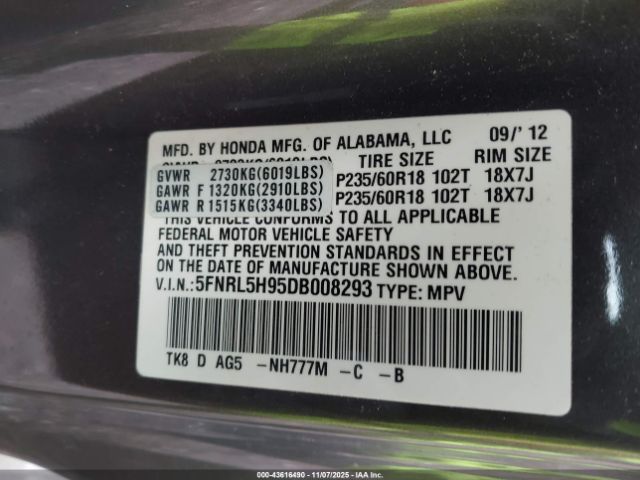 2013 HONDA ODYSSEY 5FNRL5H95DB008293 Photo 8