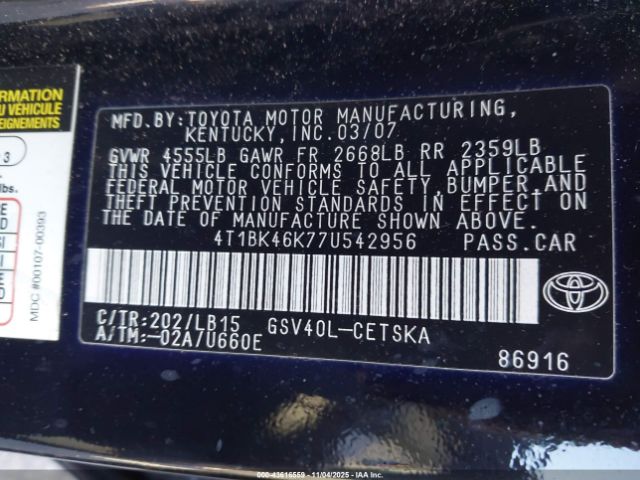 2007 TOYOTA CAMRY 4T1BK46K77U542956 Photo 8