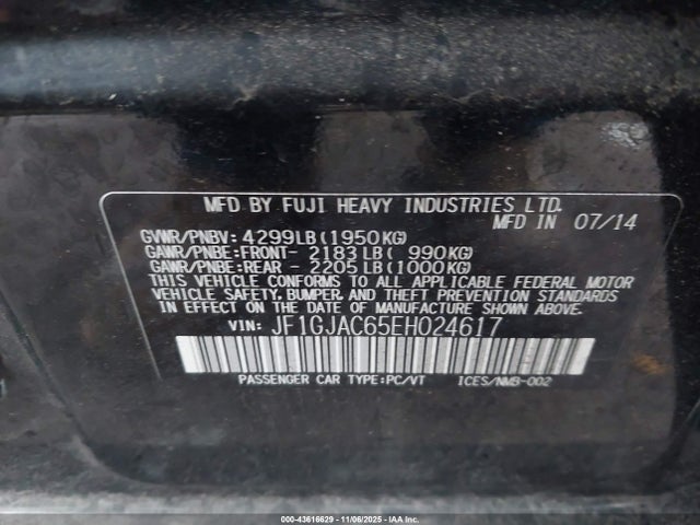 43616629 :رقم المزاد ، JF1GJAC65EH024617 vin ، 2014 Subaru Impreza 2.0i Premium مزاد بيع