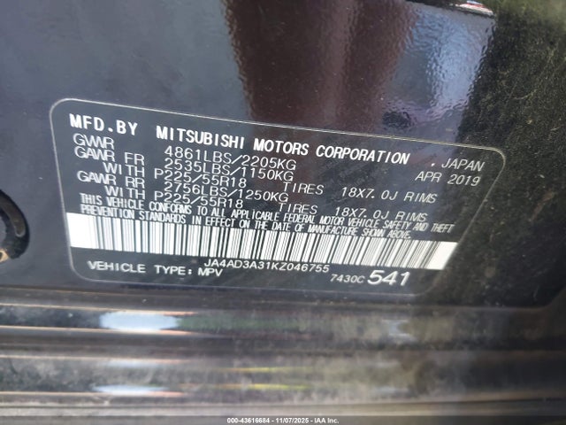 2019 MITSUBISHI OUTLANDER JA4AD3A31KZ046755 Photo 8