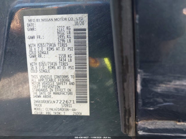 43616827 :رقم المزاد ، 1N6ED0EB5LN722671 vin ، 2020 Nissan Frontier Pro-4x 4x4 مزاد بيع