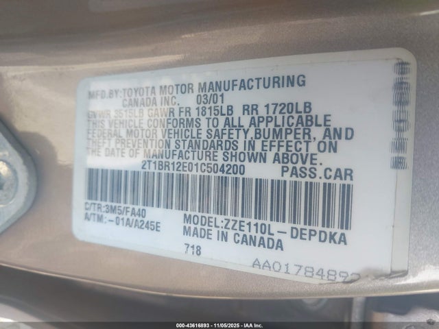 2001 TOYOTA COROLLA 2T1BR12E01C504200 Photo 8