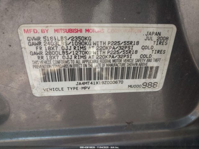 2009 MITSUBISHI OUTLANDER JA4MT41X19Z000670 Photo 8