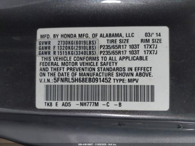 2014 HONDA ODYSSEY 5FNRL5H68EB091452 Photo 8
