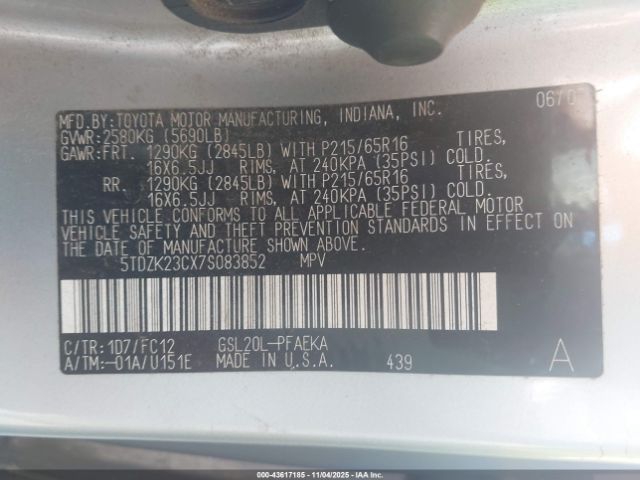 2007 TOYOTA SIENNA 5TDZK23CX7S083852 Photo 8