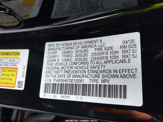 7FARS6H57SE100061 Honda Cr-v Hybrid Sport