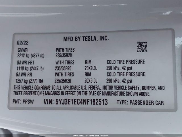 2022 TESLA MODEL 3 5YJ3E1EC4NF182513 Photo 8