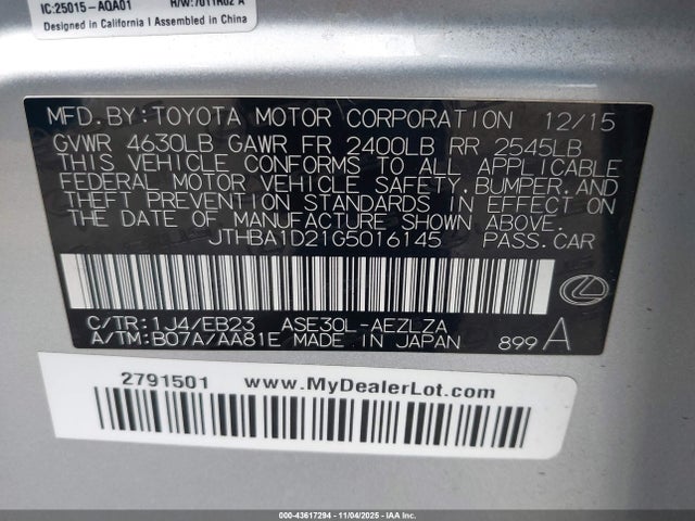 Aukcja sprzedaży 2016 Lexus Is 200t, vin: JTHBA1D21G5016145, numer aukcji: 43617294