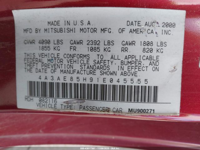 2001 MITSUBISHI ECLIPSE SPYDER 4A3AE85H91E045555 Photo 8