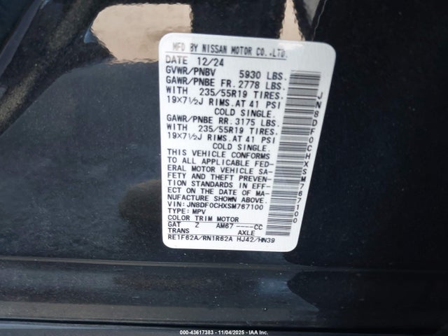 43617383 :رقم المزاد ، JN8DF0CHXSM767100 vin ، 2025 Nissan Ariya Platinum+ مزاد بيع
