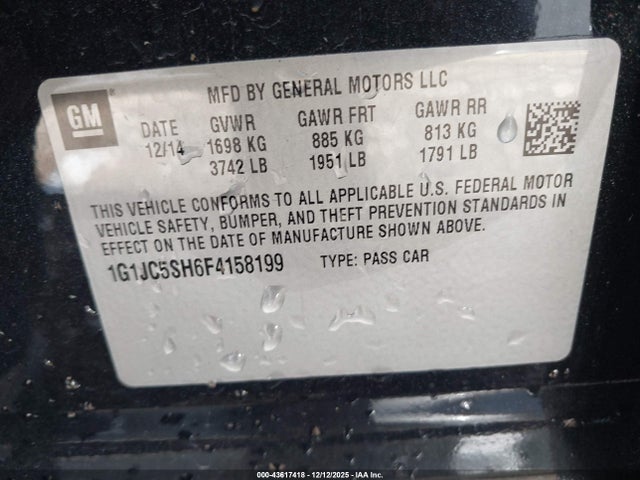 Продаж на аукціоні авто 2015 Chevrolet Sonic Lt Auto, vin: 1G1JC5SH6F4158199, номер лоту: 43617418