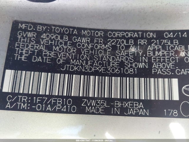 Toyota 2zr-fxe+3jm 2014 JTDKN3DP9E3061081 Image 9