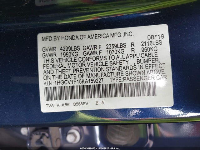 1HGCV1F15KA159227 Honda l15be
