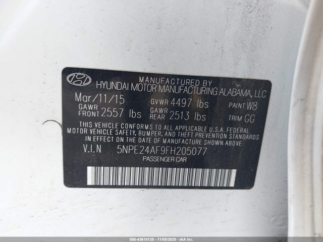 5NPE24AF9FH205077 Hyundai SONATA SE
