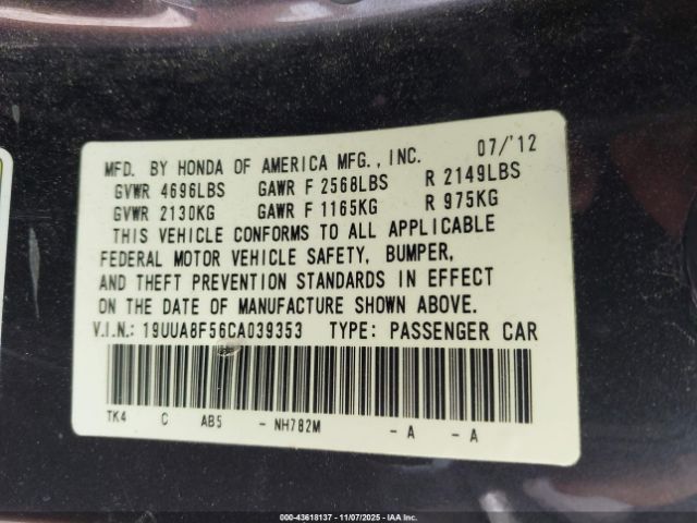 2012 ACURA TL 19UUA8F56CA039353 Photo 8