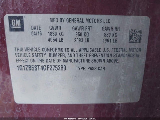 43618148 :رقم المزاد ، 1G1ZB5ST4GF275280 vin ، 2016 Chevrolet Malibu Ls مزاد بيع