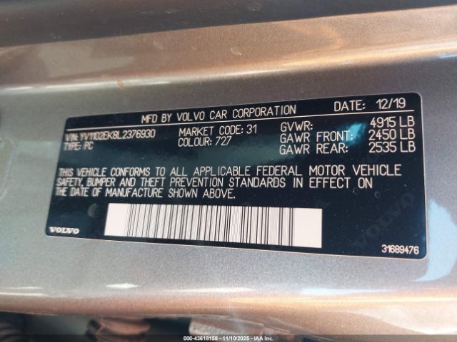 2020 VOLVO V60 YV1102EK8L2376930 Photo 8