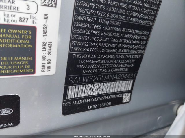 2022 LAND ROVER RANGE ROVER SPORT SALWS2RU4NA204431 Photo 8