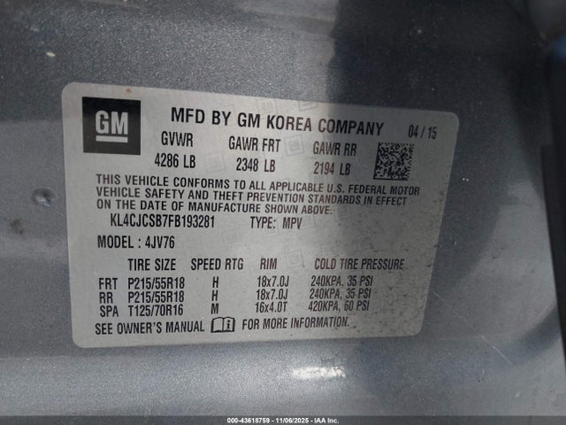 2015 Buick Encore Leather მანქანა იყიდება აუქციონზე, vin: KL4CJCSB7FB193281, აუქციონის ნომერი: 43618759