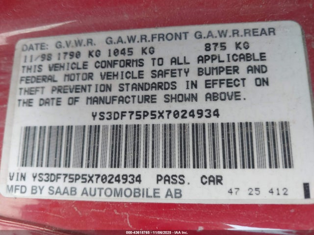 1999 SAAB 9-3 YS3DF75P5X7024934 Photo 8