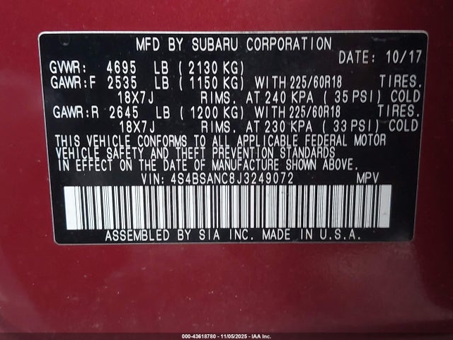 2018 SUBARU OUTBACK 4S4BSANC8J3249072 Photo 8