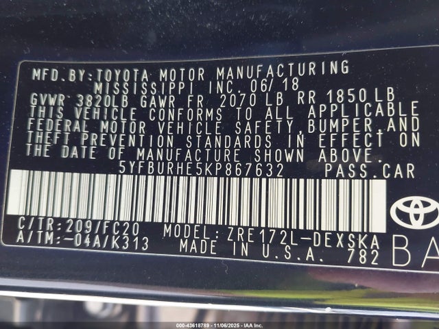 Toyota 2zr-fe 2019 5YFBURHE5KP867632 Image 9