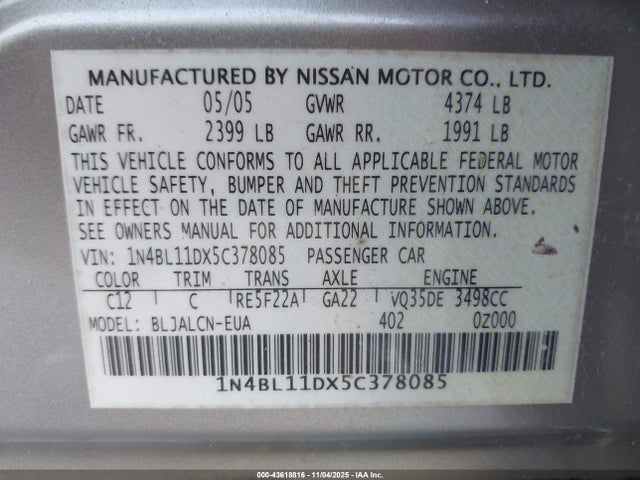 2005 Nissan Altima 3.5 Se მანქანა იყიდება აუქციონზე, vin: 1N4BL11DX5C378085, აუქციონის ნომერი: 43618816