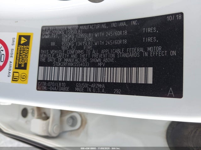 5TDKZRFHXKS554033 Toyota Highlander Xle