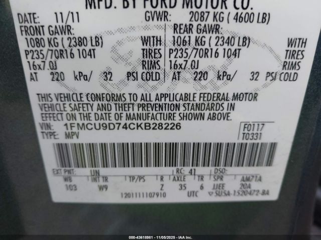 2012 FORD ESCAPE 1FMCU9D74CKB28226 Photo 8