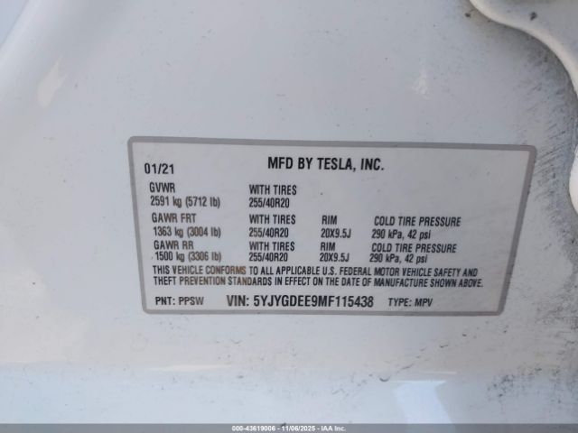 2021 TESLA MODEL Y 5YJYGDEE9MF115438 Photo 8
