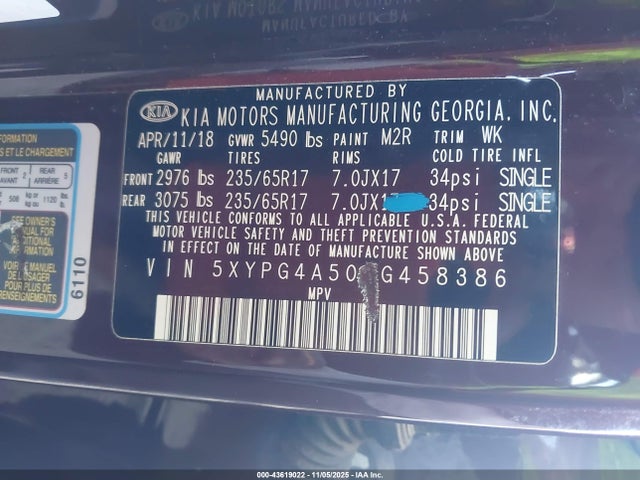5XYPG4A50KG458386 KIA Sorento 3.3l Lx