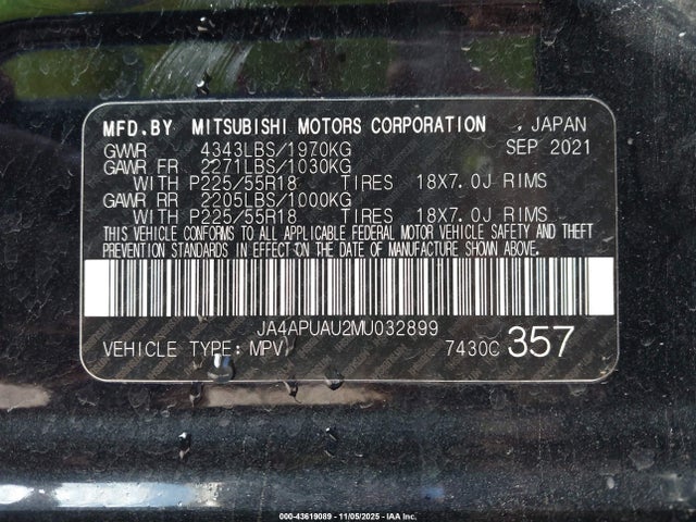 43619089 :رقم المزاد ، JA4APUAU2MU032899 vin ، 2021 Mitsubishi Outlander Sport 2.0 Be 2wd/2.0 Es 2wd/2.0 Le 2wd/2.0 S 2wd مزاد بيع