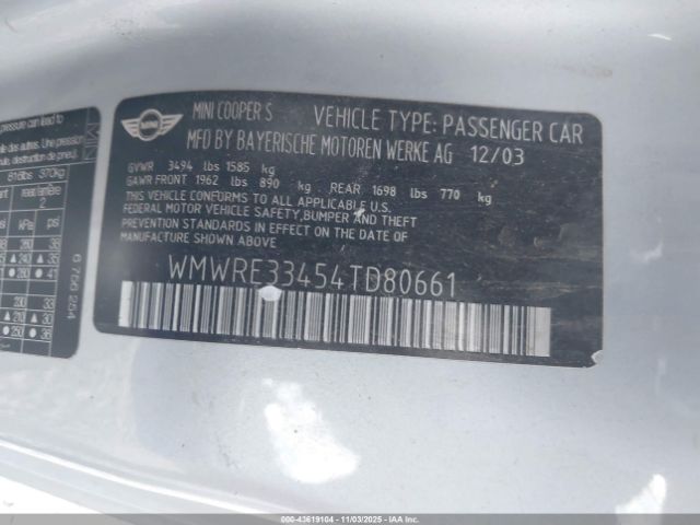 2004 MINI COOPER S WMWRE33454TD80661 Photo 8