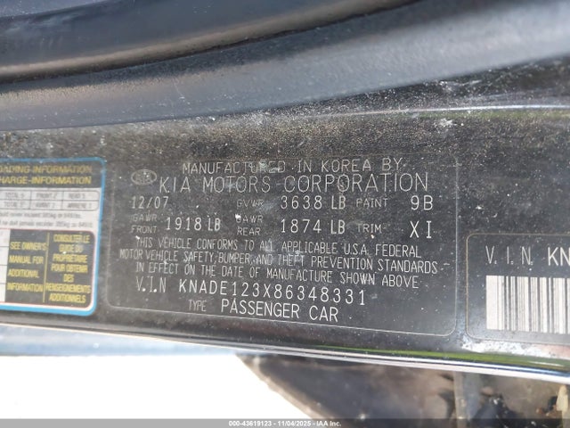 Aukcja sprzedaży 2008 Kia Rio, vin: KNADE123X86348331, numer aukcji: 43619123