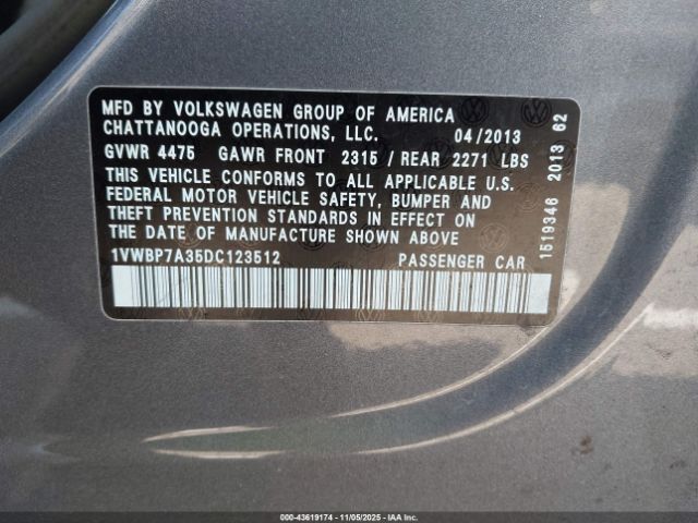 2013 VOLKSWAGEN PASSAT 1VWBP7A35DC123512 Photo 8