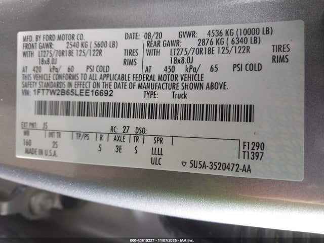 2020 Ford F-250 Xlt მანქანა იყიდება აუქციონზე, vin: 1FT7W2B65LEE16692, აუქციონის ნომერი: 43619227