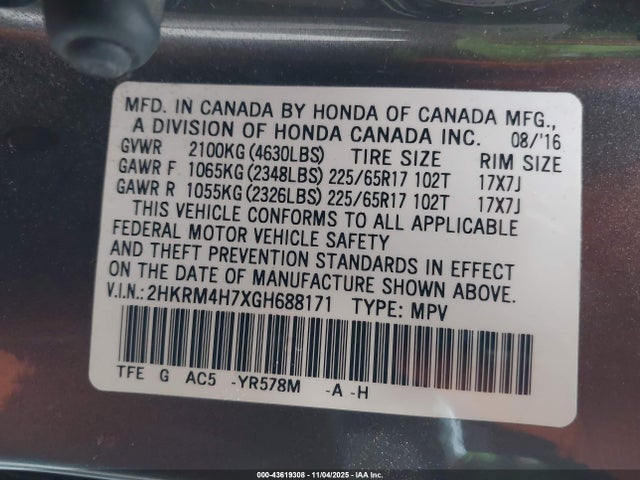 2HKRM4H7XGH688171 Honda Cr-v Ex-l