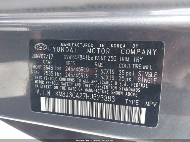 2017 HYUNDAI TUCSON KM8J3CA27HU523383 Photo 8