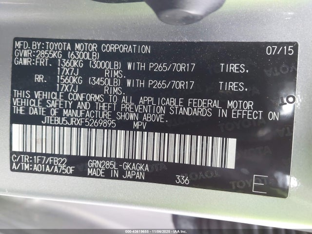 Продажа на аукционе авто 2015 Toyota 4runner Sr5, vin: JTEBU5JRXF5269895, номер лота: 43619655