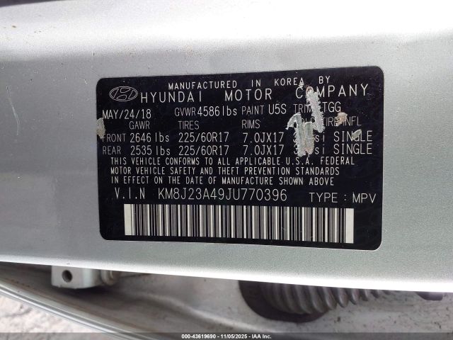 2018 HYUNDAI TUCSON KM8J23A49JU770396 Photo 8