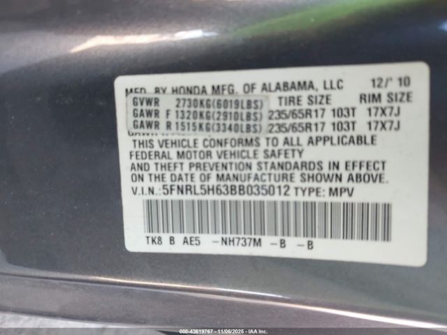 2011 HONDA ODYSSEY 5FNRL5H63BB035012 Photo 8