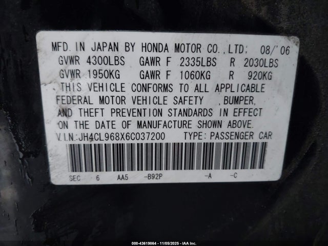 Aukcja sprzedaży 2006 Acura Tsx, vin: JH4CL968X6C037200, numer aukcji: 43619864