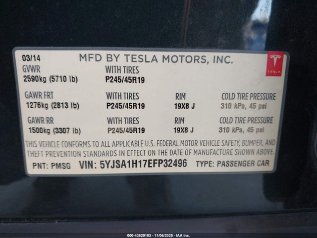 2014 TESLA MODEL S 5YJSA1H17EFP32496 Photo 8