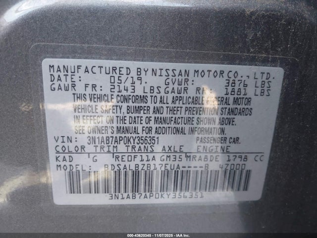 Aukcja sprzedaży 2019 Nissan Sentra S, vin: 3N1AB7AP0KY356351, numer aukcji: 43620345