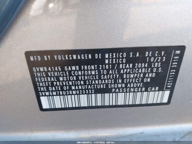 Продажа на аукционе авто 2024 Volkswagen Jetta 1.5t S, vin: 3VW5M7BU3RM023332, номер лота: 43620373