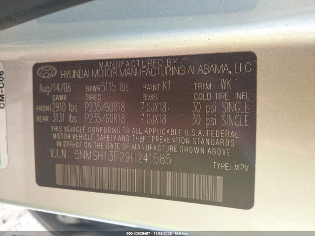 2009 HYUNDAI SANTA FE 5NMSH13E29H241585 Photo 8