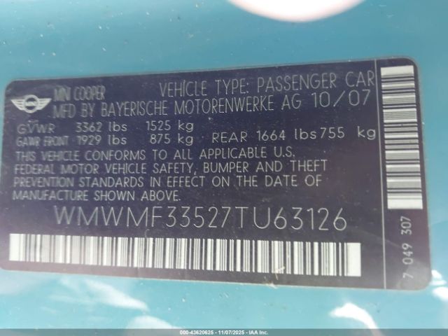 2007 MINI COOPER WMWMF33527TU63126 Photo 8