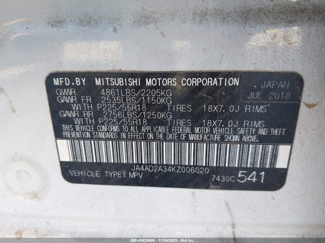 2019 MITSUBISHI OUTLANDER JA4AD2A34KZ006020 Photo 8